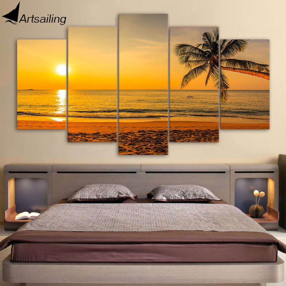 HD printed 5 piece canvas art tropical beach sunset palm tree painting wall pictures for living room free shipping CU-2026B