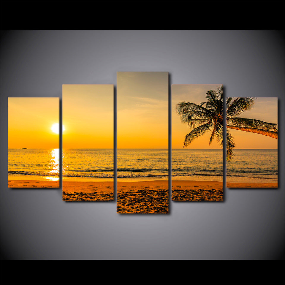 HD printed 5 piece canvas art tropical beach sunset palm tree painting wall pictures for living room free shipping CU-2026B