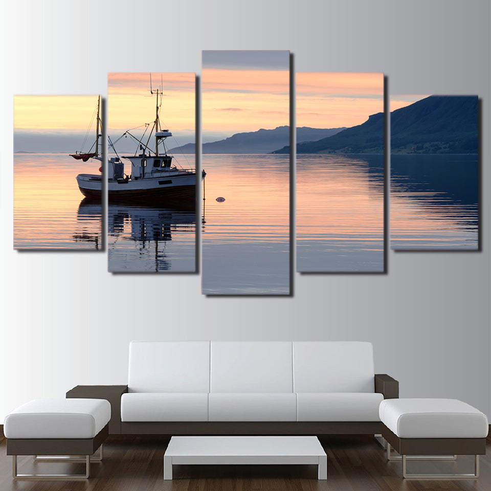 HD printed 5 piece canvas art calm lake sailboat dusk clouds painting wall pictures for living room free shipping CU-2024B