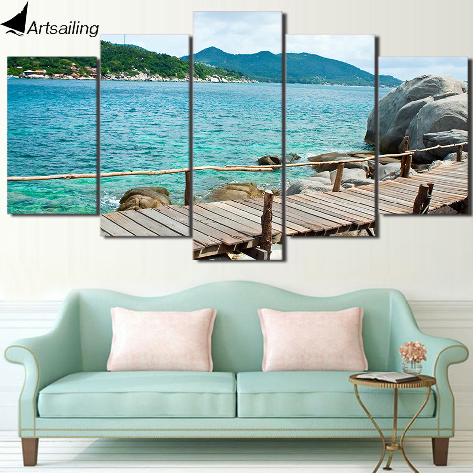 HD printed 5 piece canvas art beautiful sea coast boardwalk painting wall pictures for living room modern free shipping CU-2021A
