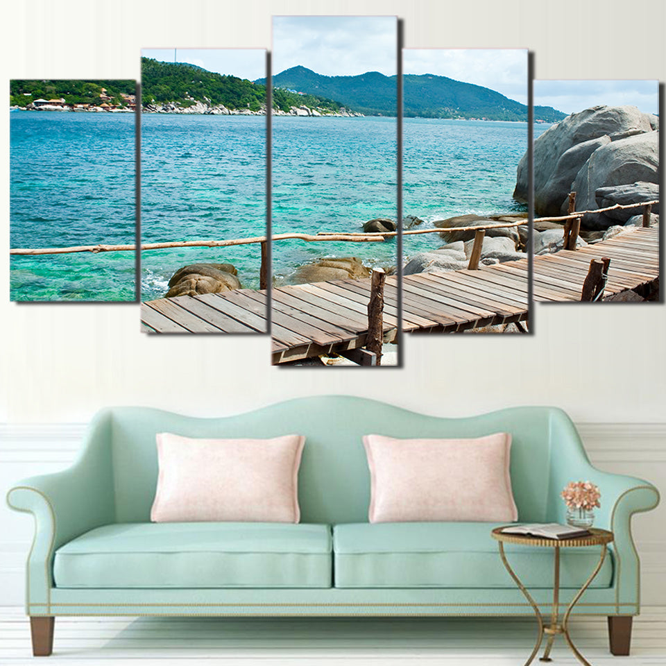 HD printed 5 piece canvas art beautiful sea coast boardwalk painting wall pictures for living room modern free shipping CU-2021A