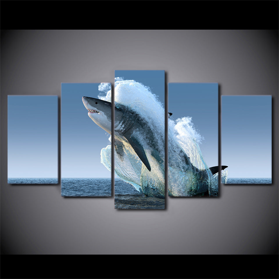 HD Printed 5 Piece Canvas Art Jumping White Shark Painting Wall Pictures for Living Room Modern Free Shipping CU-2069B