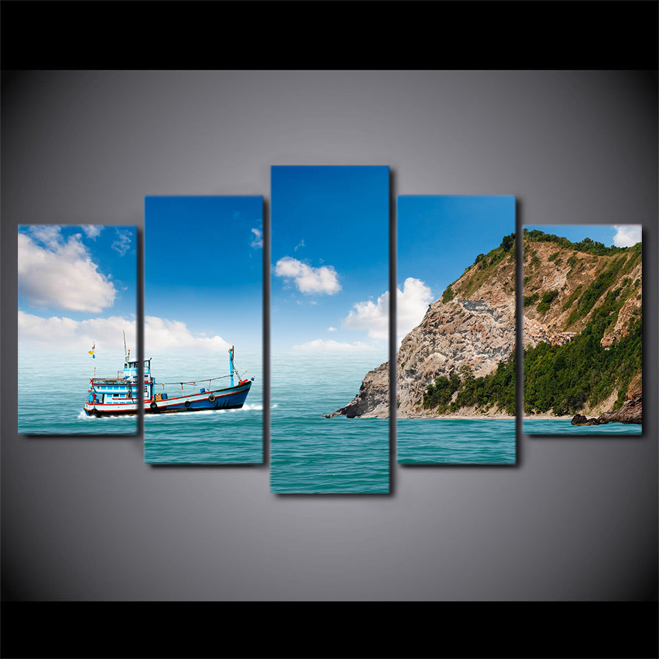 HD Printed 5 Piece Canvas Art Sailing Boat Painting Sea Bay Wall Pictures Decor Framed Modular Painting Free Shipping CU-2091B