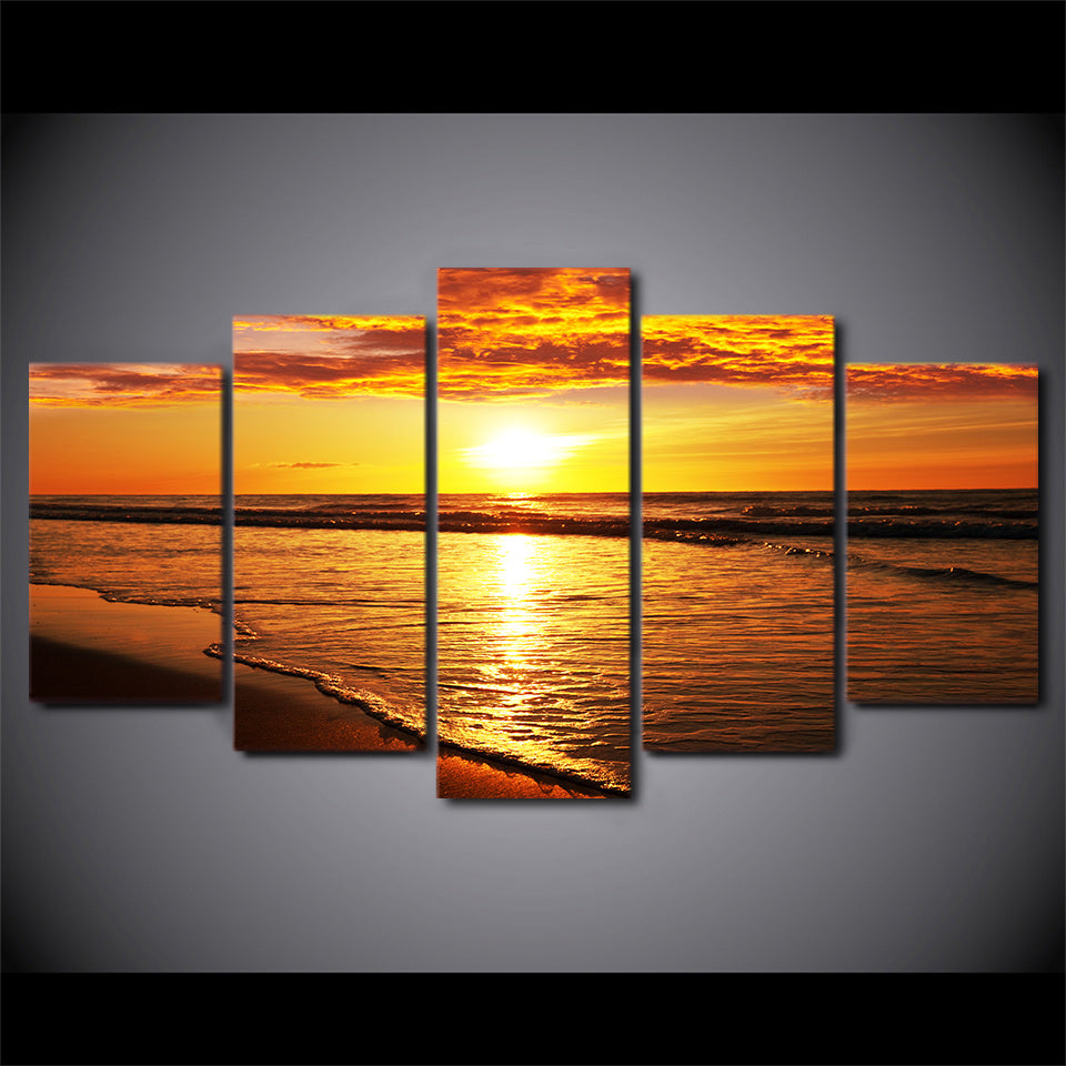 HD Printed 5 Piece Canvas Art Golden Sunset Painting Beach Landscape Wall Pictures for Living Room Modern Free Shipping CU-2078B