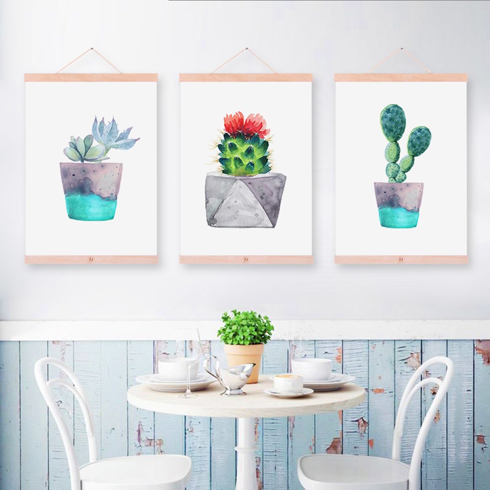 Watercolor Green Plant Cactus Succulent Cactus Wooden Framed Posters Nordic Wall Art Canvas Paintings Home Decor Pictures Scroll
