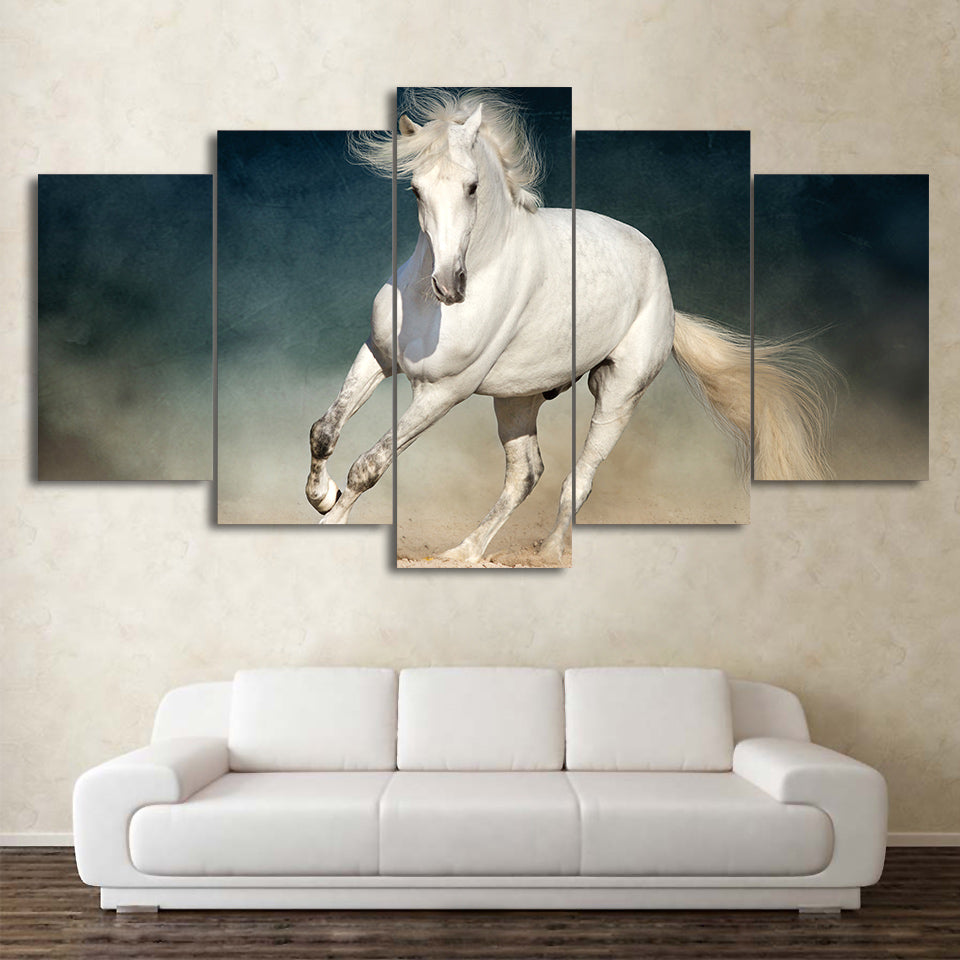 HD Printed 5 Piece Canvas Art White Running Horse Painting Wall Pictures Decor Framed Modular Painting Free Shipping CU-2261B