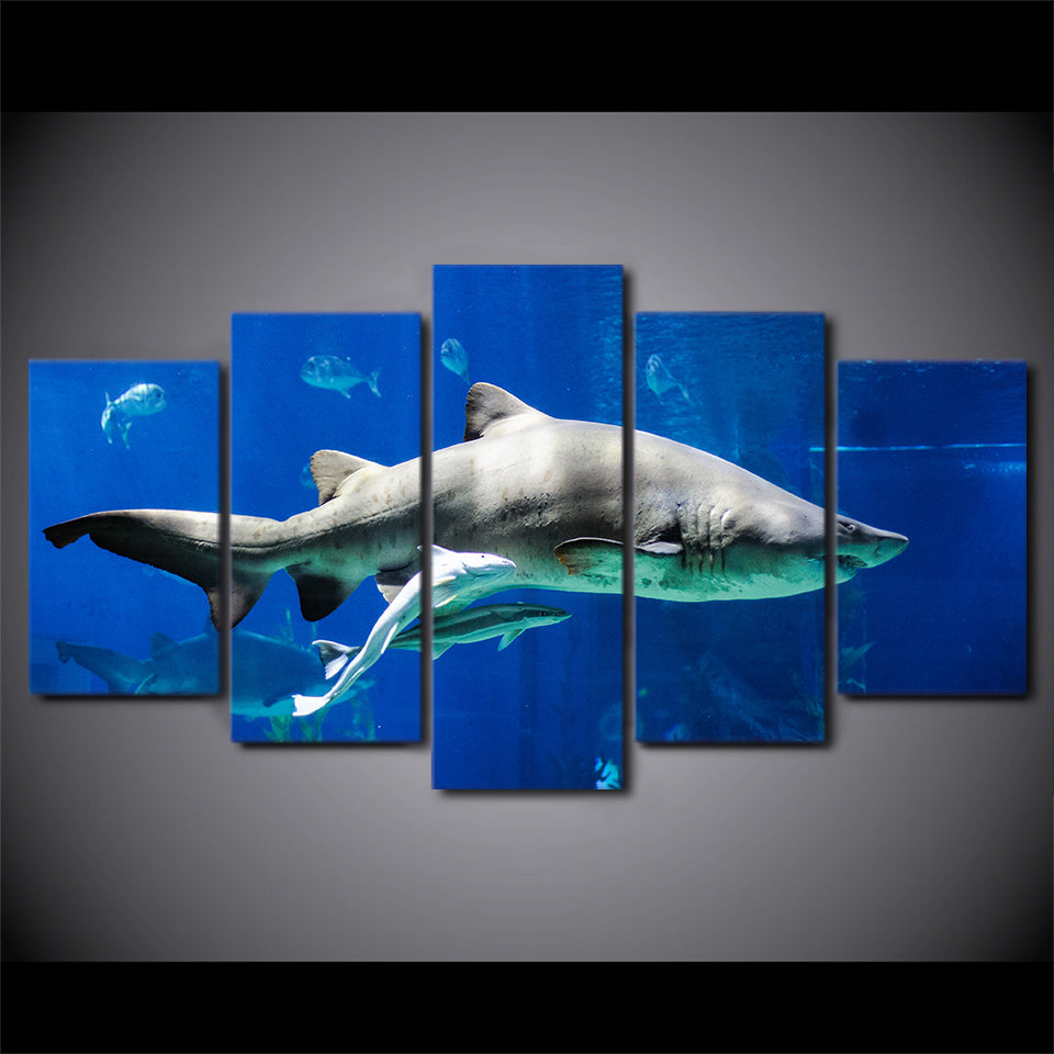 HD Printed 5 Piece Canvas Art White Shark Painting Blue Ocean Wall Pictures Decor Framed Modular Painting Free Shipping CU-2268B