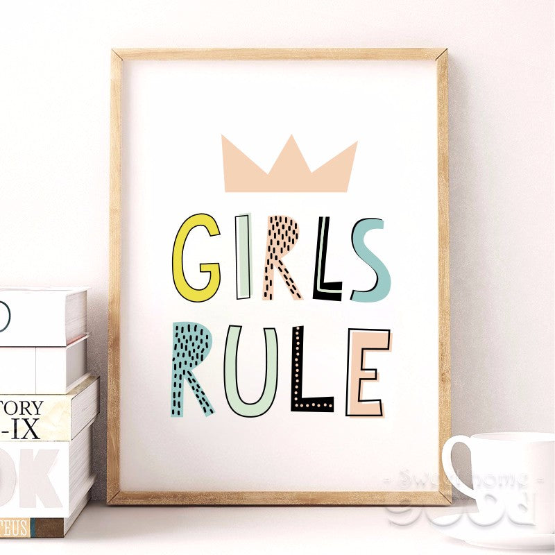 Cartoon Girls Rule Quote Canvas Art Print Poster,  Wall Pictures for Girl Room Decoration, Giclee Wall Decor FA184-2
