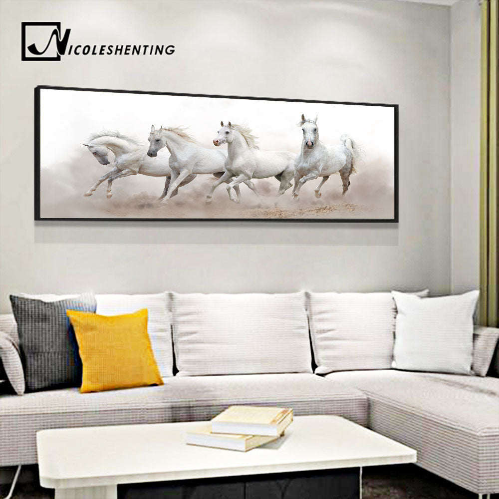 Animals White Horse Wall Art Canvas Posters and Prints Landscape Canvas Painting Long Wall Picture for Living Room Home Decor