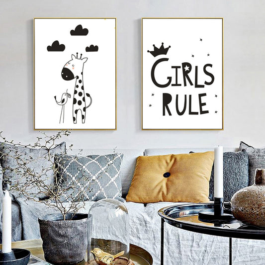 Girls Rule Canvas Painting Black White Minimalist Nordic Posters Wall Art Picture for Nursery Kids Rooms Unframed Drop Shipping