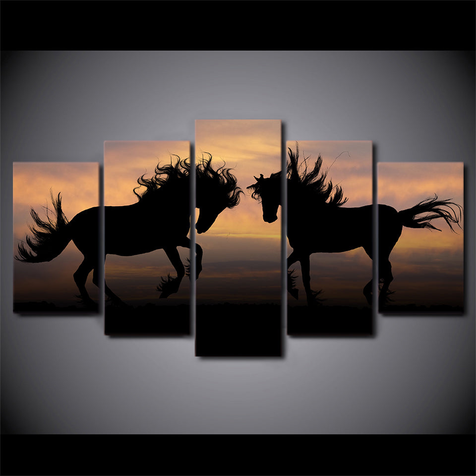 HD Printed 5 Piece Canvas Art Galloping Black Horses Painting Shadow Wall Pictures for Living Room Decor Free Shipping NY-7111B