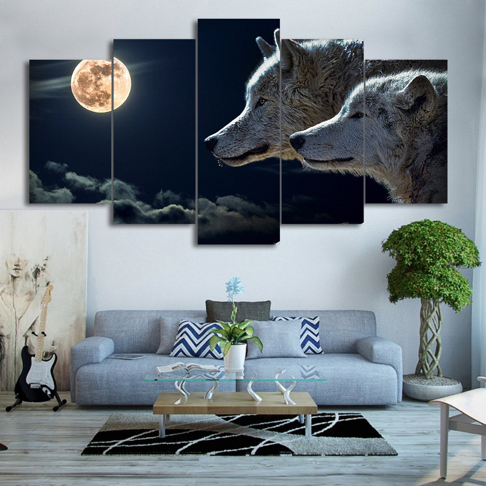 HD Printed 5 Piece Canvas Art White Wolf Moon Night Painting Modular Wall Pictures for Living Room Modern Free Shipping CU-2256B