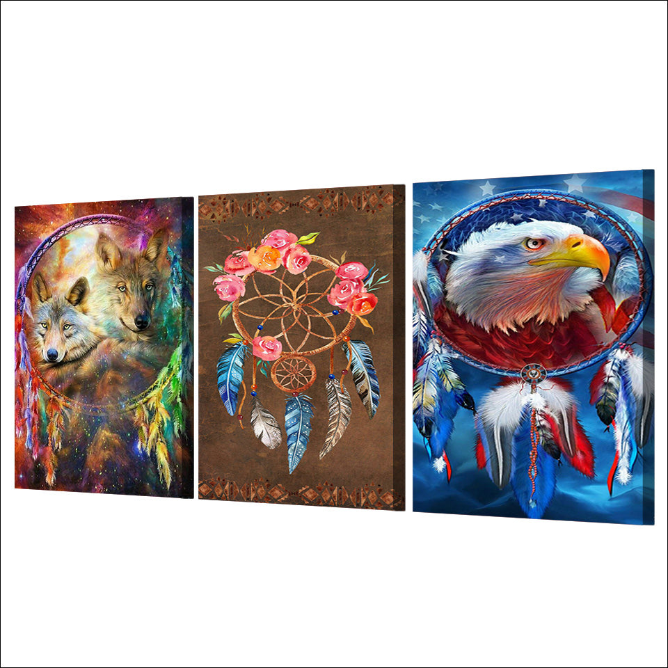 HD printed 3 piece canvas art Dreamcatcher painting  wolf eagle posters wall pictures for living room Free shipping NY-7167B