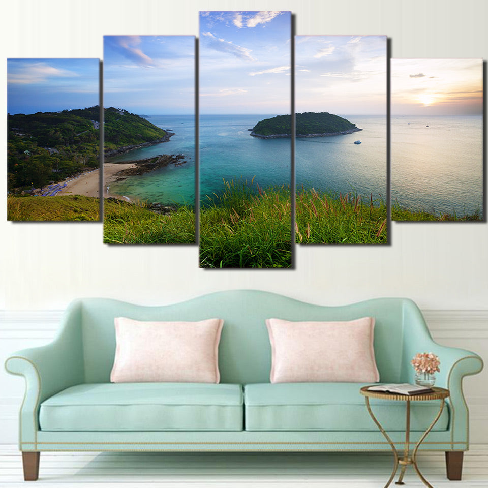 HD Printed 5 Piece Canvas Art Green Island Landscape Painting Wall Pictures Modular Framed Painting Free Shipping CU-2341C