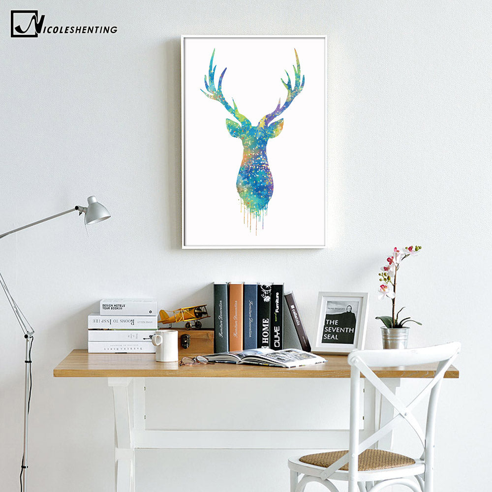 NICOLESHENTING Nordic Art Watercolor Deer Head Minimalist Canvas Poster Painting Wall Picture Print Modern Home Room Decoration