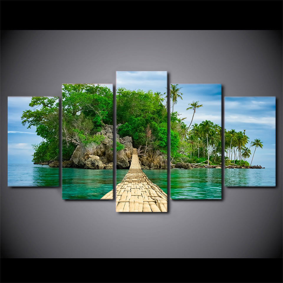HD Printed 5 Piece Canvas Art Green Island Painting Wooden Bridge Wall Pictures Decor Framed Painting Free Shipping CU-2473C