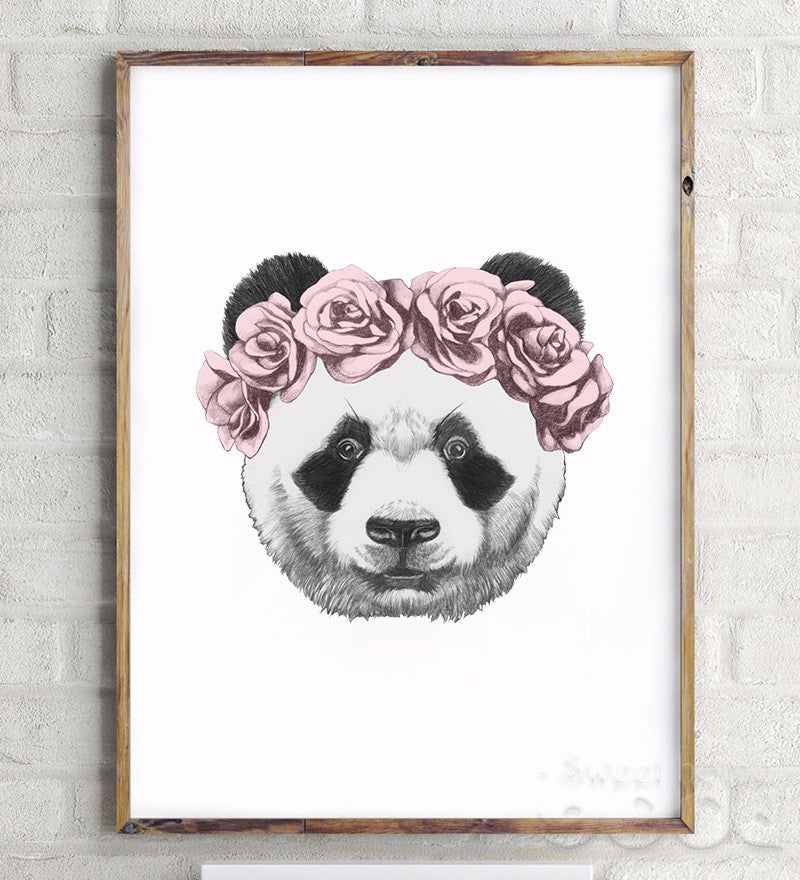 Panda Drawing with Rose Canvas Art Print Painting Poster,  Wall Picture for Home Decoration,  Wall Decor SHU001