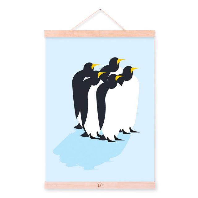Nordic Kawaii Animal Penguin Family A4 Wooden Framed Poster Canvas Painting Modern Living Room Home Deco Wall Art Picture Scroll