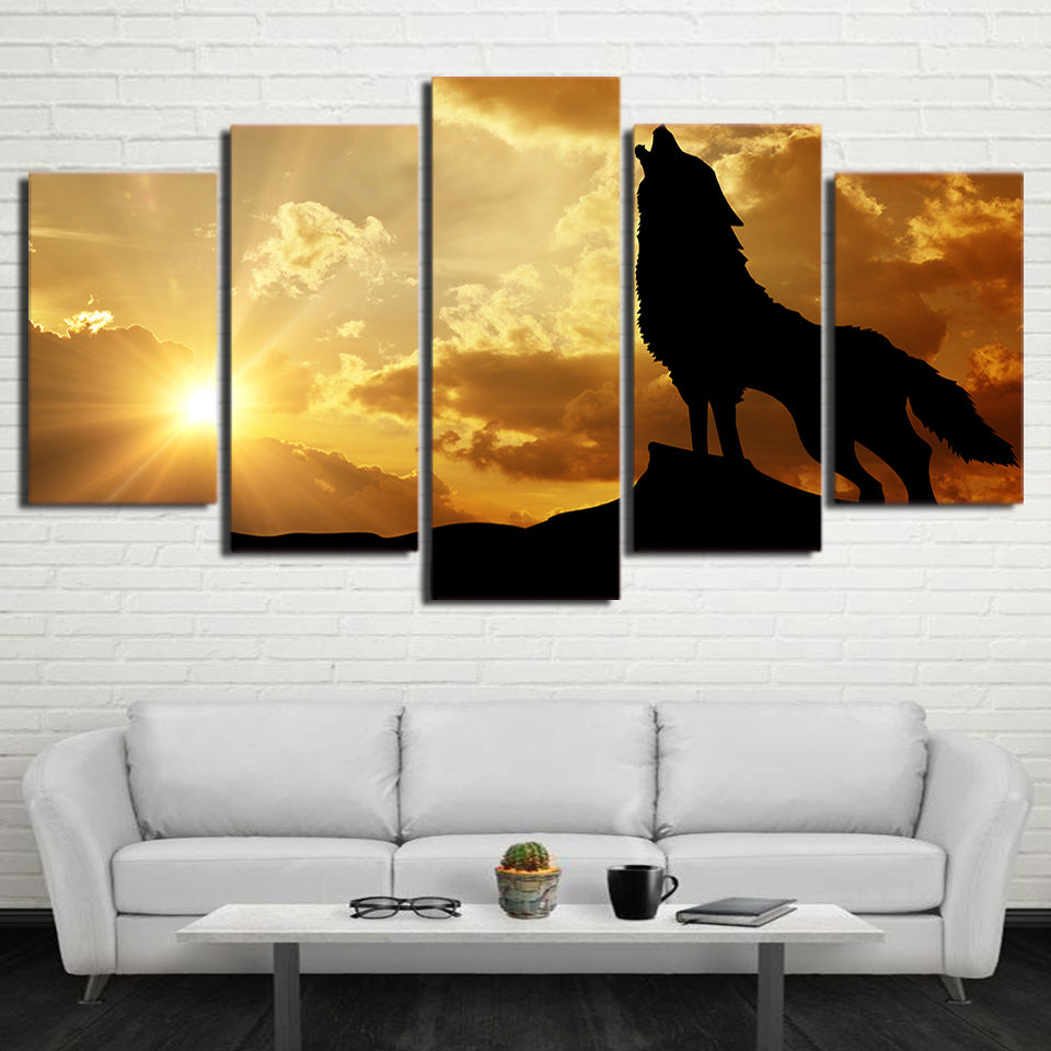 5 piece HD print Howling Wolf in Sunset canvas painting Framed posters and prints modular picture free shipping CU-2499C