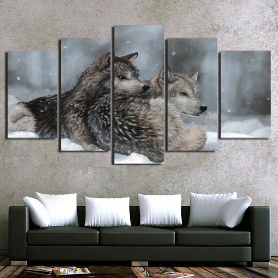 HD Printed 5 Piece Canvas Art Snow Wolf Painting Framed Modular Wall Pictures for Living Room Home Decor Free Shipping NY-7102A