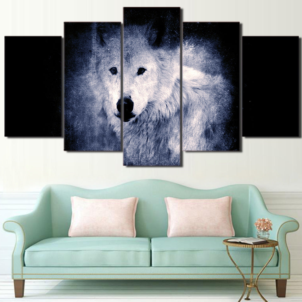 HD Printed 5 Piece Canvas Art White Wolf in Dark Painting Modular Poster Wall Pictures for Living Room Free Shipping CU-2297B