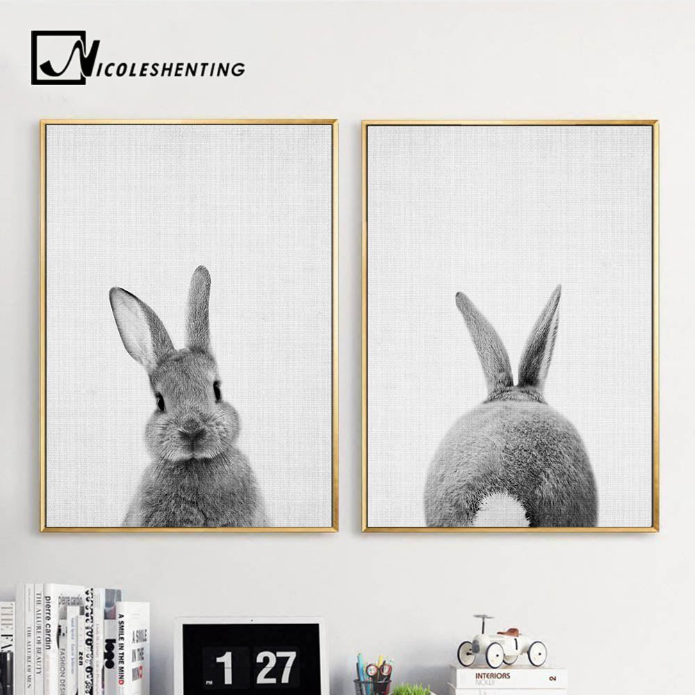 Black White Rabbit Wall Art Canvas Posters and Prints Minimalist Animal Paintings Wall Picture for Living Room Modern Home Decor