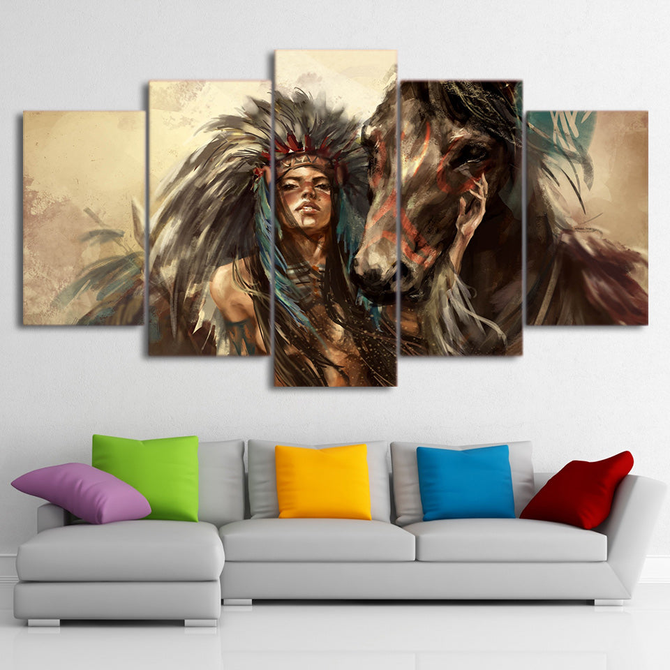 HD printed 5 piece Canvas Art American Indian Girl Painting Horse Wall Pictures for Living Room Decor Free shipping CU-2563B