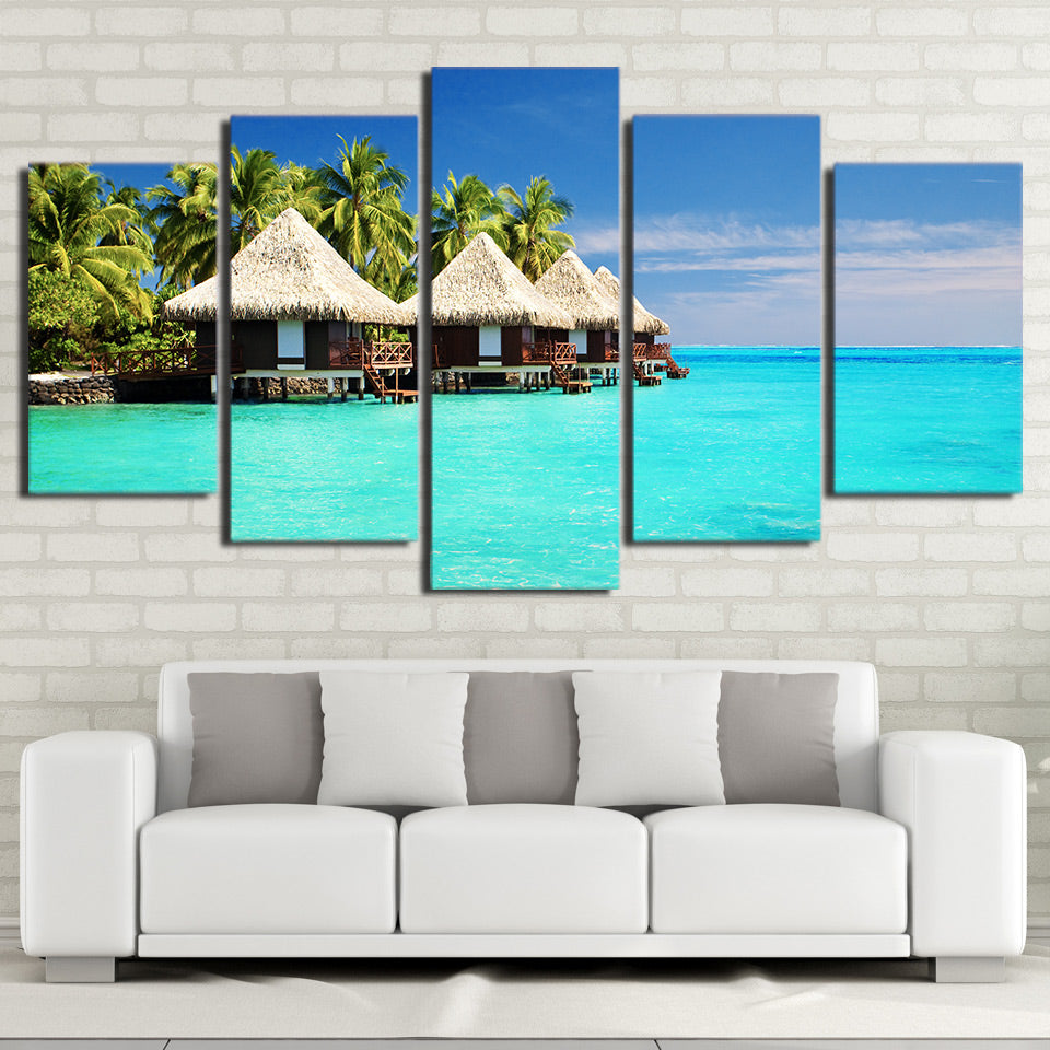 HD Printed 5 Piece Canvas Art Maldives Islands palm tree Painting Wall Pictures for Living Room Beach  Free Shipping CU-2533C