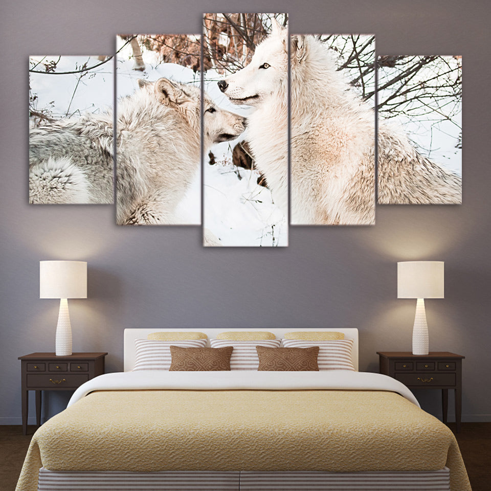 HD Printed 5 Pieces Canvas Art Painting White Snow Wolf Couples Poster Wall Pictures for Living Room Free Shipping CU-2561B