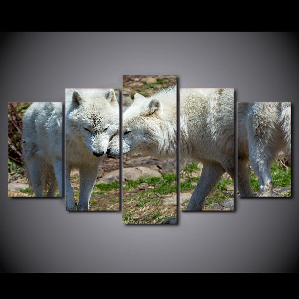 HD Printed 5 Pieces Canvas Art Painting White Wolf Couple Poster Wall Pictures for Living Room Home Decor Free Shipping CU-2562B