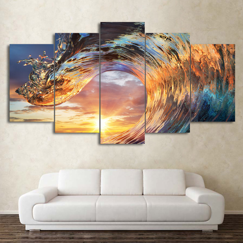 HD Printed 5 Piece Canvas Art Wave Sunset Ocean Seascape Painting christmas wall decoration Free Shipping CU-2586B