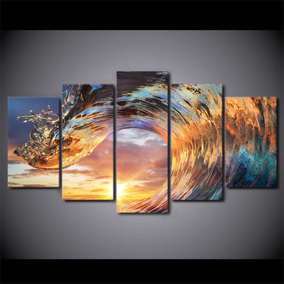 HD Printed 5 Piece Canvas Art Wave Sunset Ocean Seascape Painting christmas wall decoration Free Shipping CU-2586B