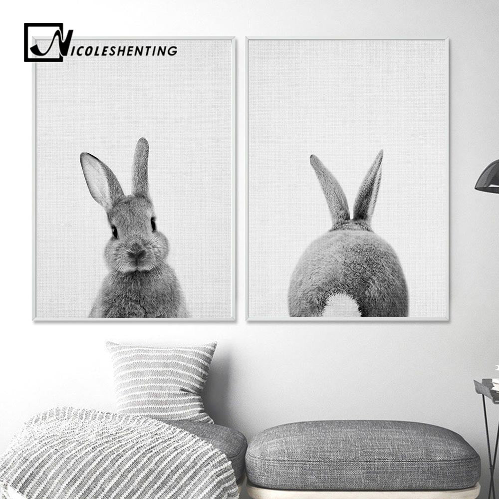 Black White Rabbit Wall Art Canvas Posters and Prints Minimalist Animal Paintings Wall Picture for Living Room Modern Home Decor
