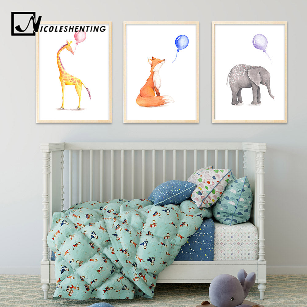 Watercolor Deer Elephant Balloon Posters Animal Canvas Prints Wall Art Painting Decorative Picture Children Room Decoration