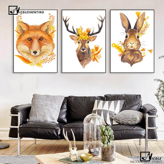 Nordic Art Flower Deer Fox Rabbit Poster Minimalist Art Canvas Painting Animal Nursery Wall Picture Print Modern Kids Room Decor