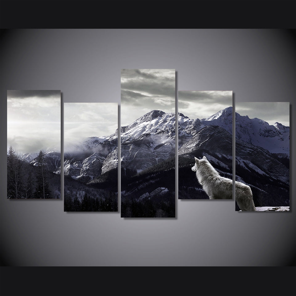 HD Printed 5 Piece Canvas Art Snow Wolf Painting Framed Modular Mountain Wall Pictures for Living Room Free Shipping CU-1752A
