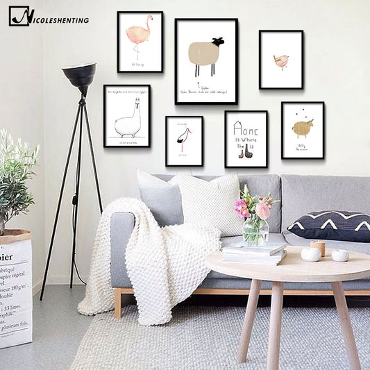 Kawaii Cartoon Animals Sheep Flamingo Art Canvas Posters Prints Minimalist Painting Nursery Picture Kids Bedroom Decoration