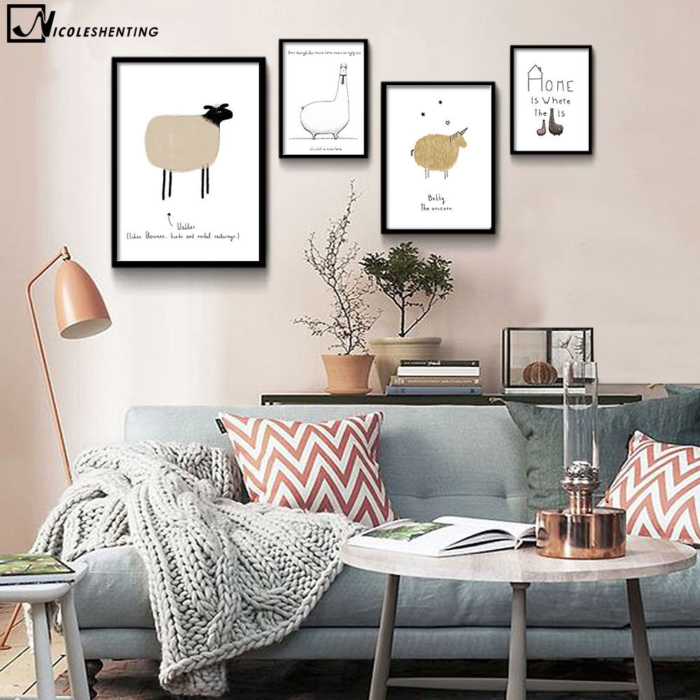 Kawaii Cartoon Animals Sheep Flamingo Art Canvas Posters Prints Minima ...