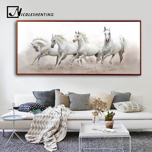 Animals White Horse Wall Art Canvas Posters and Prints Landscape Canvas Painting Long Wall Picture for Living Room Home Decor