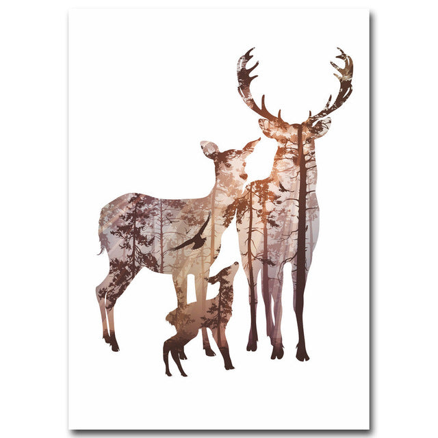 Forest Deer Family Nordic Style Poster Canvas Print Minimalist Abstract Wall Art Painting Decorative Picture Modern Home Decor