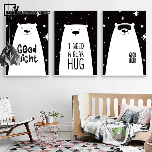Beer Cartoon Animal Canvas Posters and Prints Black White Minimalist Painting Wall Art Picture for Kids Living Room Decoration