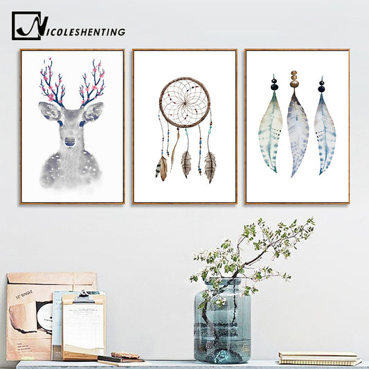 Nordic Decoration Watercolor Feather Deer Minimalist Posters and Prints Wall Art Canvas Painting Wall Pictures for Living Room
