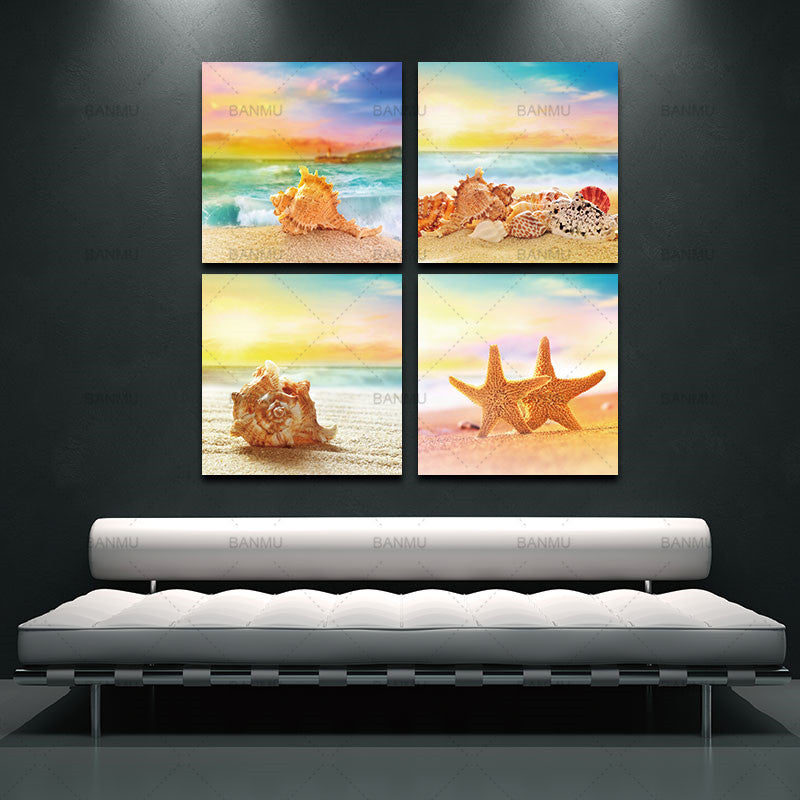 Canvas Paintings Wall Art for Home Decorations 4 Piece Modern Seascape shells Canvas Print Artwork Landscape Sea Beach Pictures