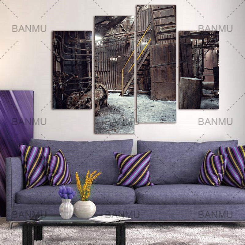 4 Panel Wall Art  canvas Painting Abandoned Factory Industrial Background Machine Messy The Picture Print Architecture Picture