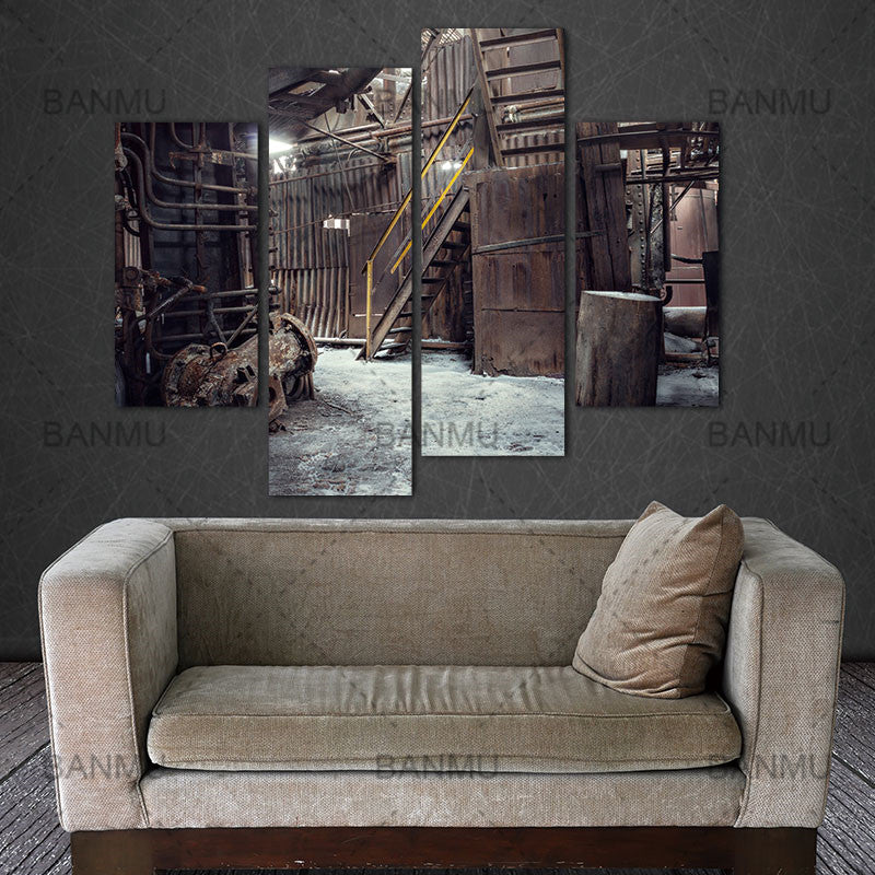4 Panel Wall Art  canvas Painting Abandoned Factory Industrial Background Machine Messy The Picture Print Architecture Picture