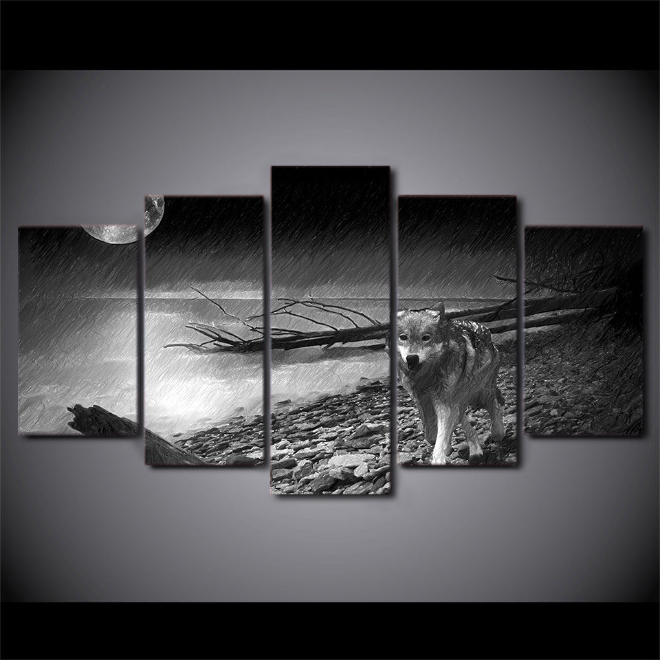 5 piece HD print wolf painting Back and white river posters and prints wall pictures for living room free shipping CU-2497C
