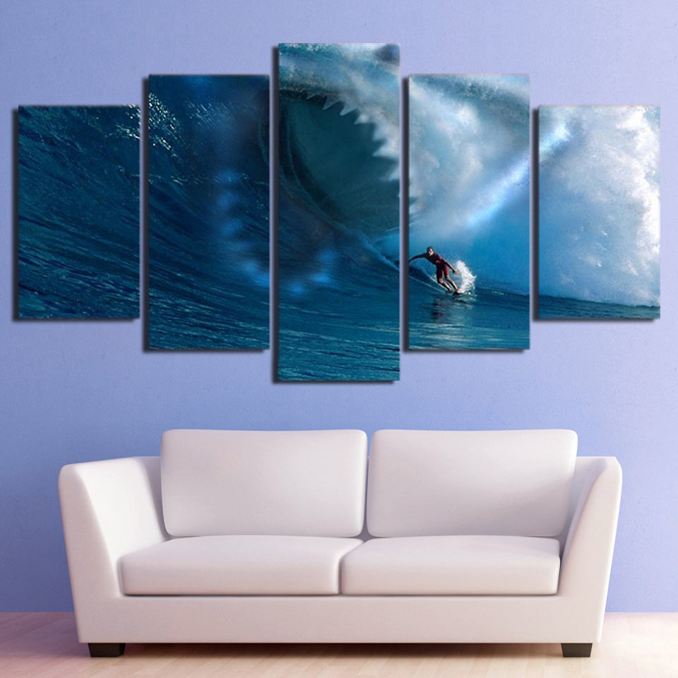 HD printed 5 piece canvas art Sharks surf the waves painting wall pictures for living room modern free shipping/ NY-7107A