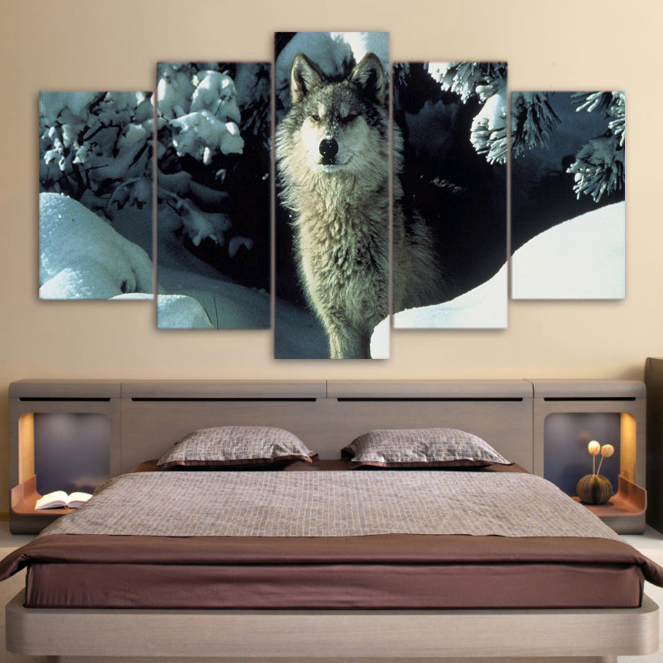 HD Printed 5 Piece Canvas Art Brown Snow Wolf Painting Animal Poster Wall Pictures For Home Decor Free Shipping NY-7191B