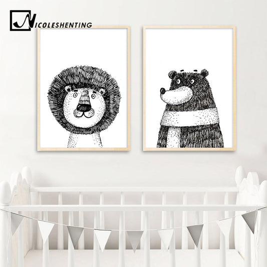 Nordic Decoration Cartoon Lion Bear Posters and Prints Canvas Paintings Animal Wall Art Nursery Picture Children Room Decoration