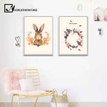Load image into Gallery viewer, Nordic Style Rabbit Flower Wall Art Canvas Vintage Poster and Print Minimalist Painting Wall Picture for Living Rooom Home Decor
